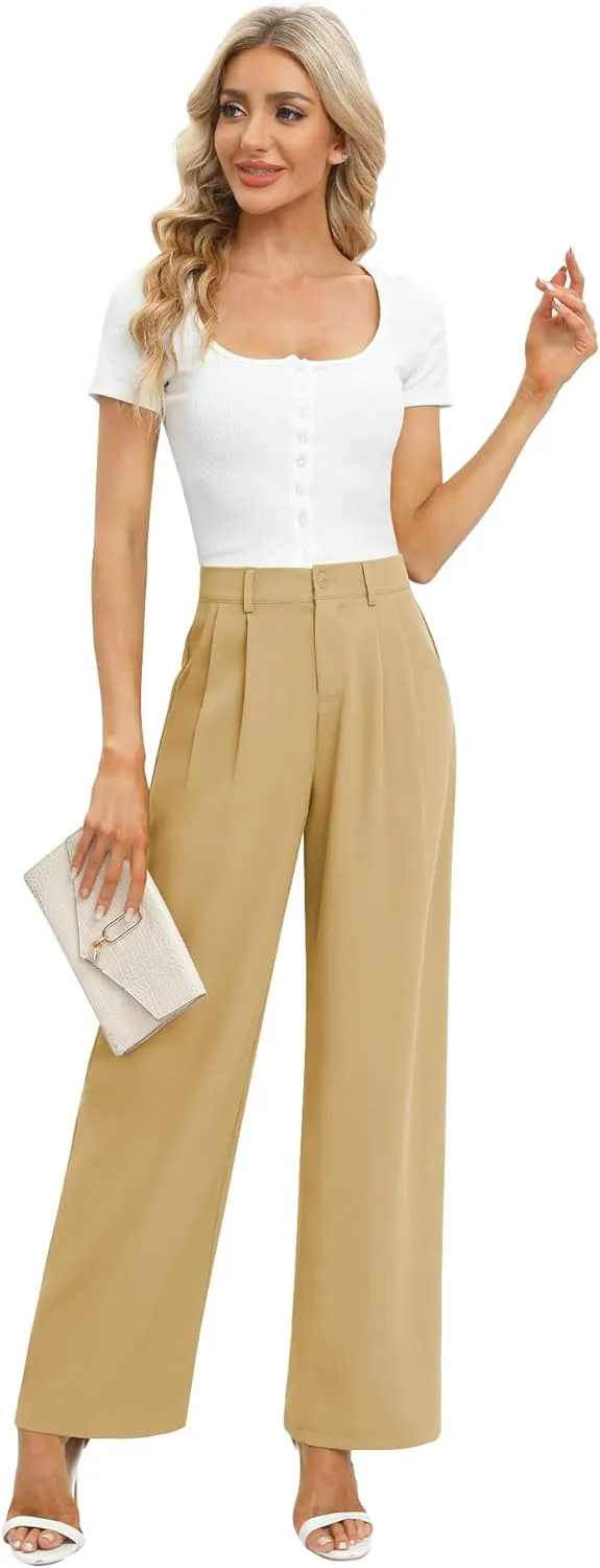 Feiersi Women's Business Work Trousers High Waisted Wide Leg Pants Long Straight Suit Pants with Pocket