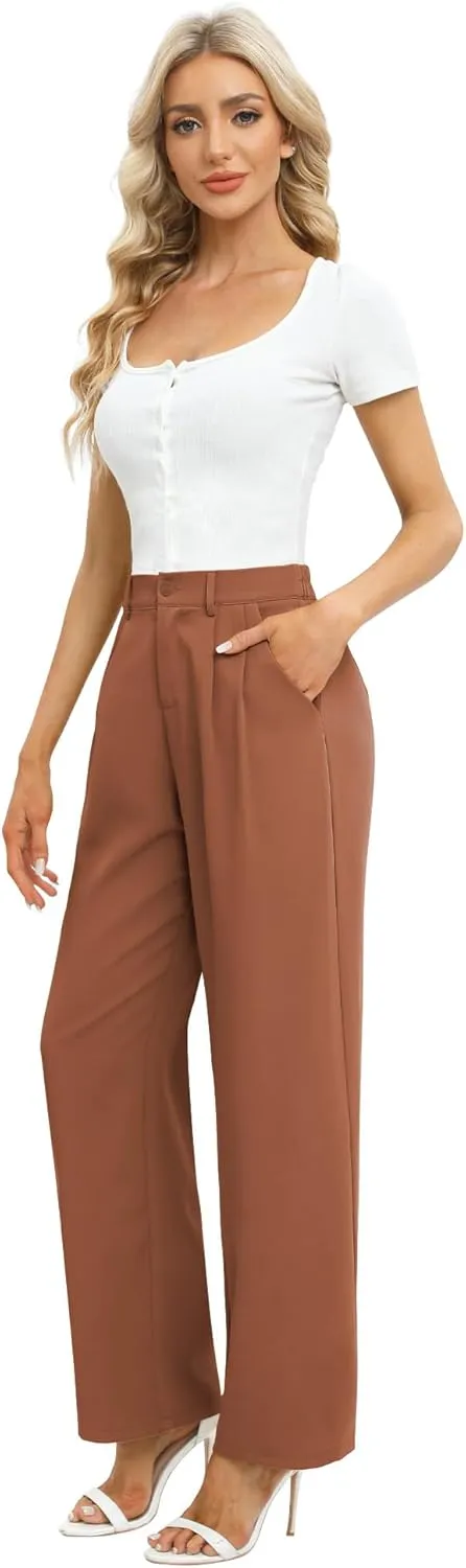 Feiersi Women's Business Work Trousers High Waisted Wide Leg Pants Long Straight Suit Pants with Pocket