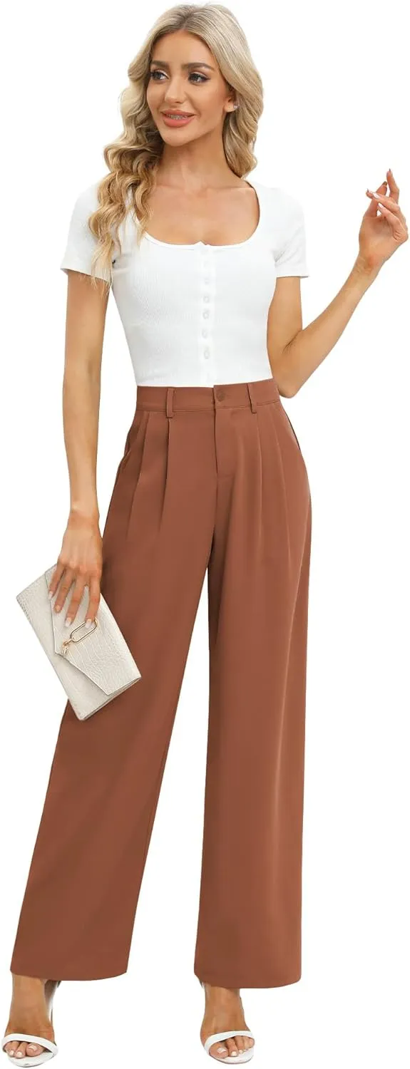 Feiersi Women's Business Work Trousers High Waisted Wide Leg Pants Long Straight Suit Pants with Pocket
