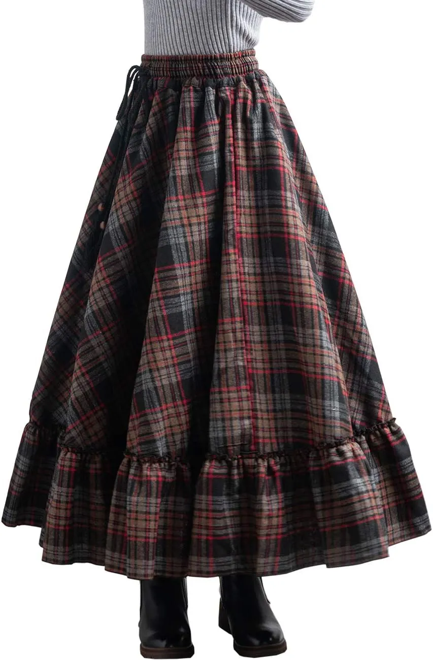 Femiserah Women's Elastic Waist A Line Long Maxi Plaid Wool Skirt Vintage Wool Skirt