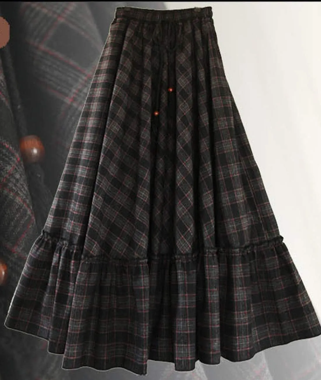 Femiserah Women's Elastic Waist A Line Long Maxi Plaid Wool Skirt Vintage Wool Skirt