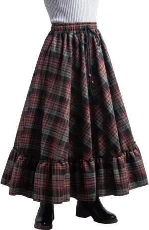 Femiserah Women's Elastic Waist A Line Long Maxi Plaid Wool Skirt Vintage Wool Skirt