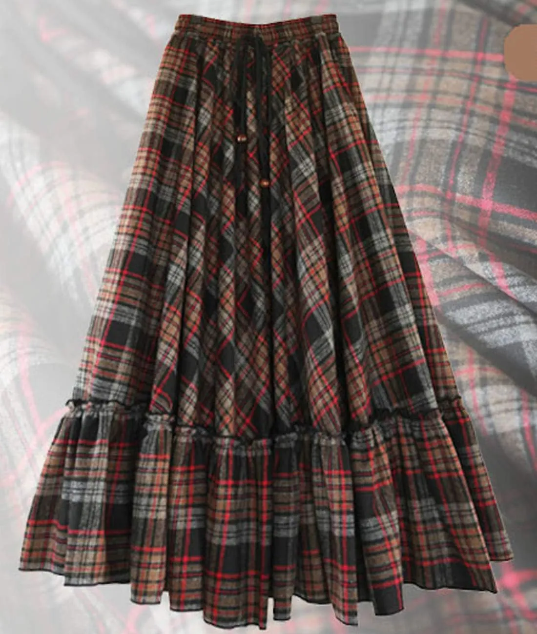 Femiserah Women's Elastic Waist A Line Long Maxi Plaid Wool Skirt Vintage Wool Skirt