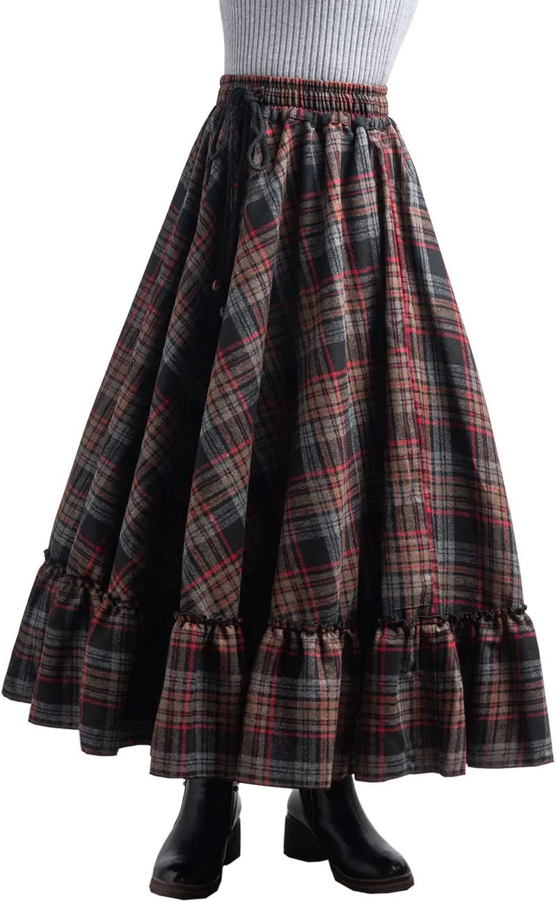Femiserah Women's Elastic Waist A Line Long Maxi Plaid Wool Skirt Vintage Wool Skirt