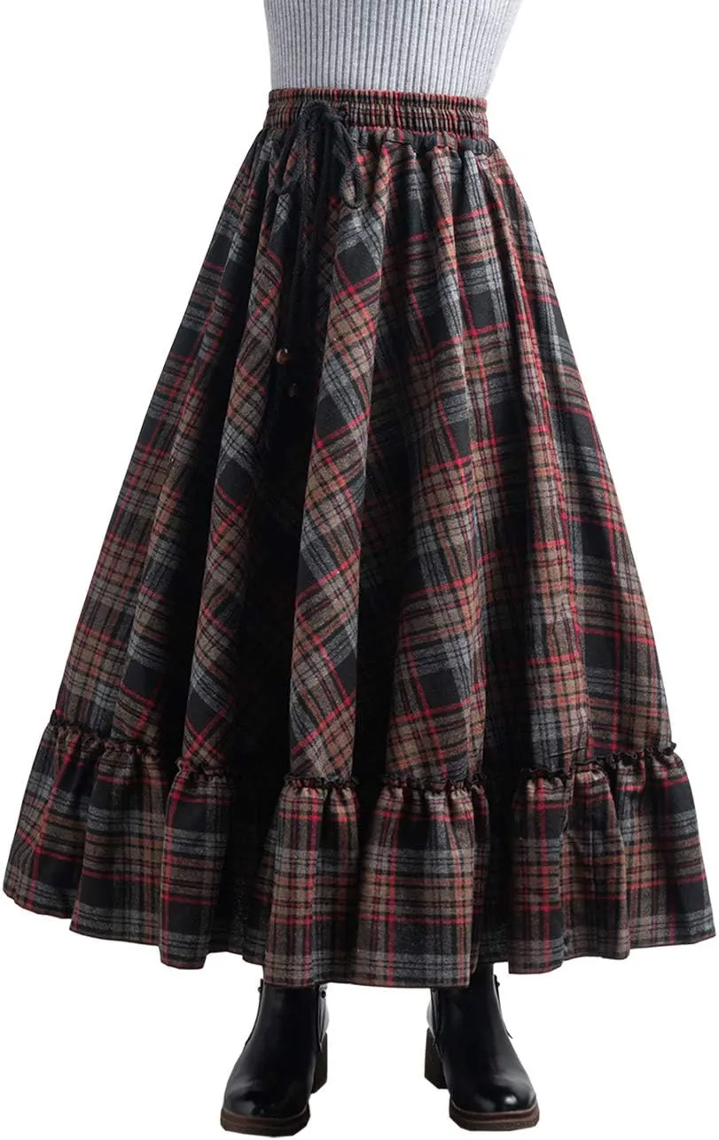 Femiserah Women's Elastic Waist A Line Long Maxi Plaid Wool Skirt Vintage Wool Skirt