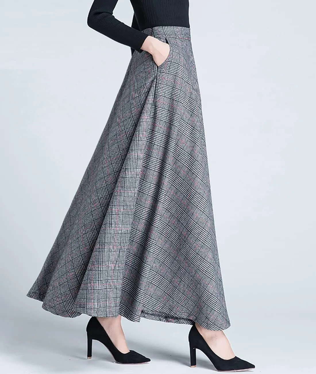 Femiserah Women's Winter Plaid Wool Skirt Elastic Waist Long Maxi Tartan Skirt