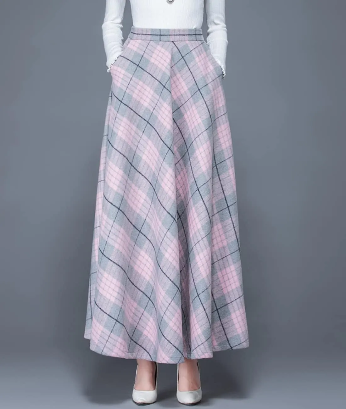 Femiserah Women's Winter Plaid Wool Skirt Elastic Waist Long Maxi Tartan Skirt