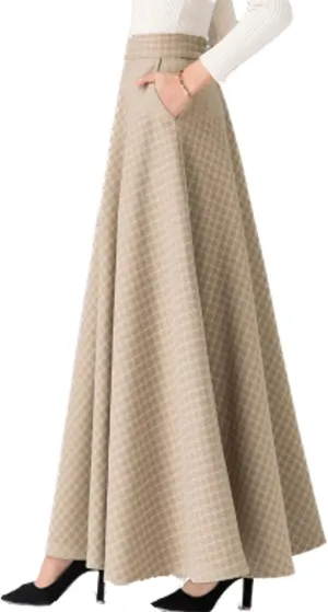 Femiserah Women's Winter Plaid Wool Skirt Elastic Waist Long Maxi Tartan Skirt