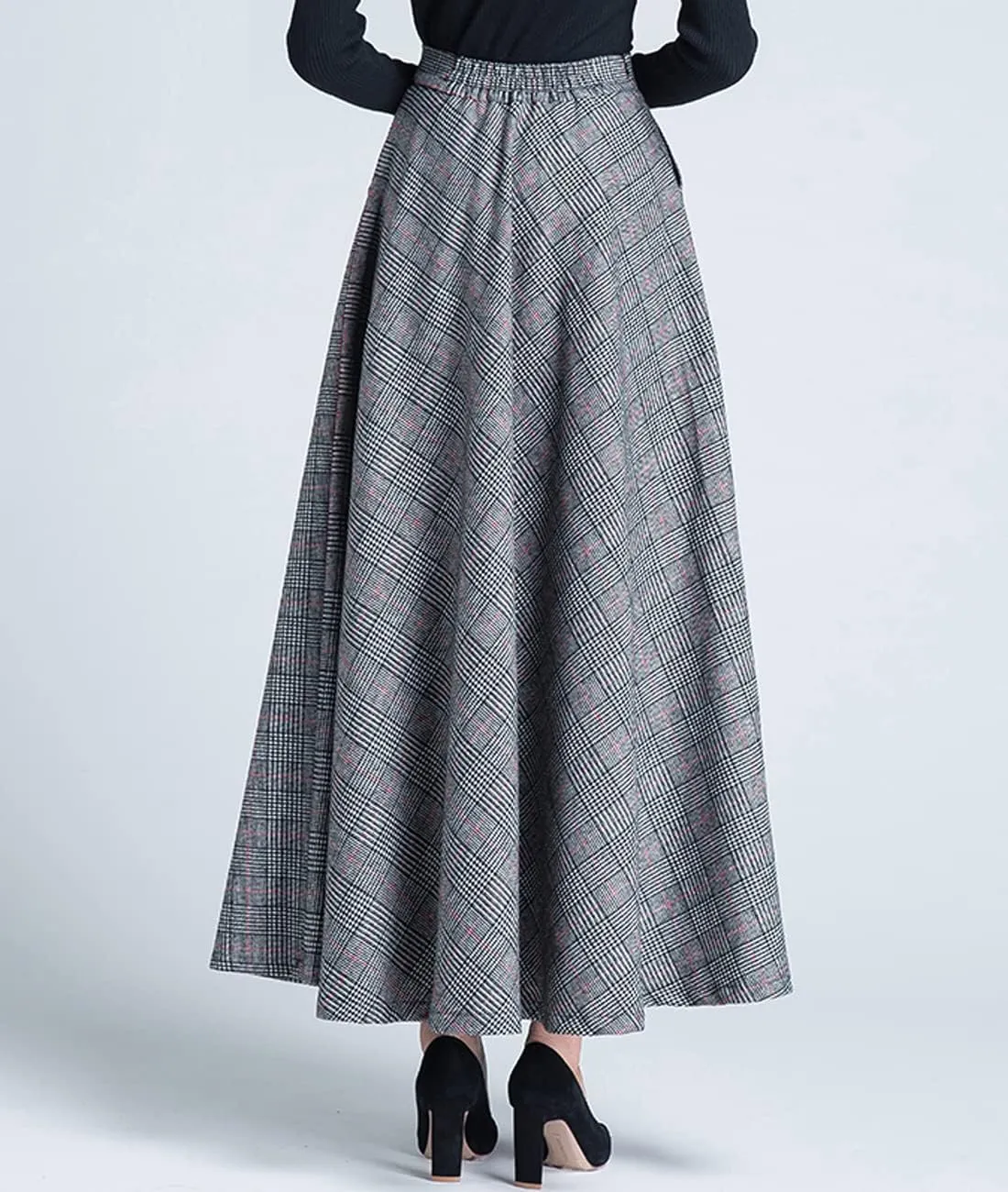 Femiserah Women's Winter Plaid Wool Skirt Elastic Waist Long Maxi Tartan Skirt