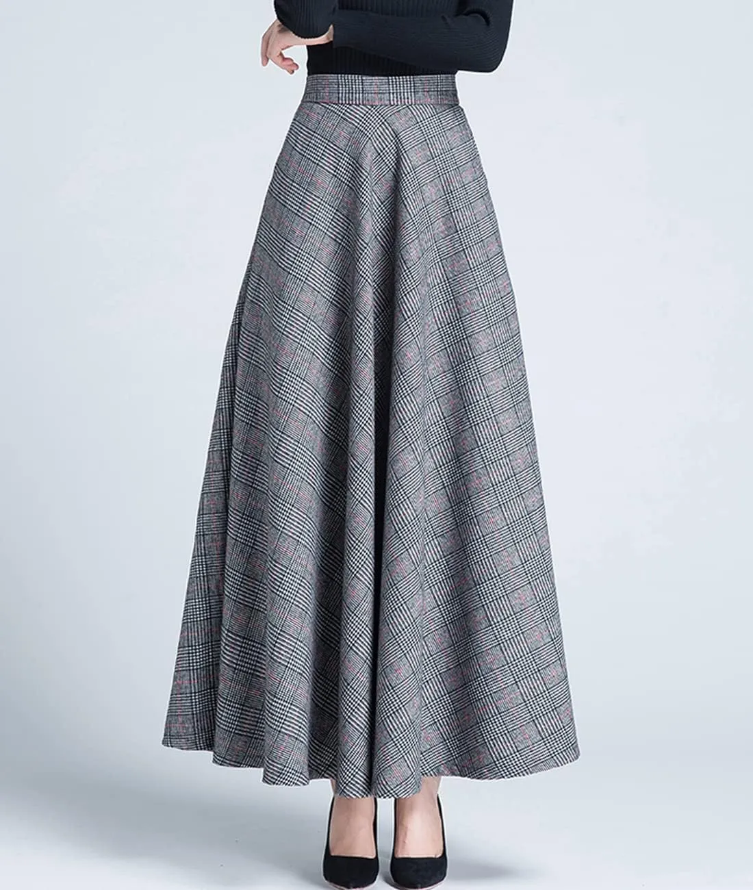 Femiserah Women's Winter Plaid Wool Skirt Elastic Waist Long Maxi Tartan Skirt