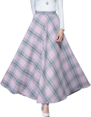 Femiserah Women's Winter Plaid Wool Skirt Elastic Waist Long Maxi Tartan Skirt