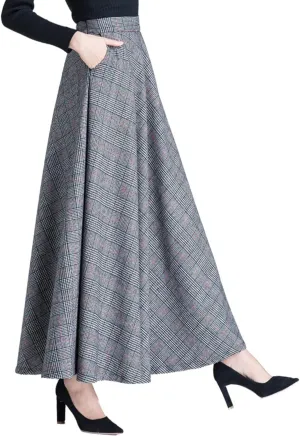 Femiserah Women's Winter Plaid Wool Skirt Elastic Waist Long Maxi Tartan Skirt