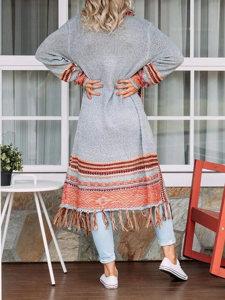 FERBIA Women Boho Cardigan Sweater Long Open Front Maxi Knit Sweaters Aztec Tribal Tassel Fringe Thin Coat