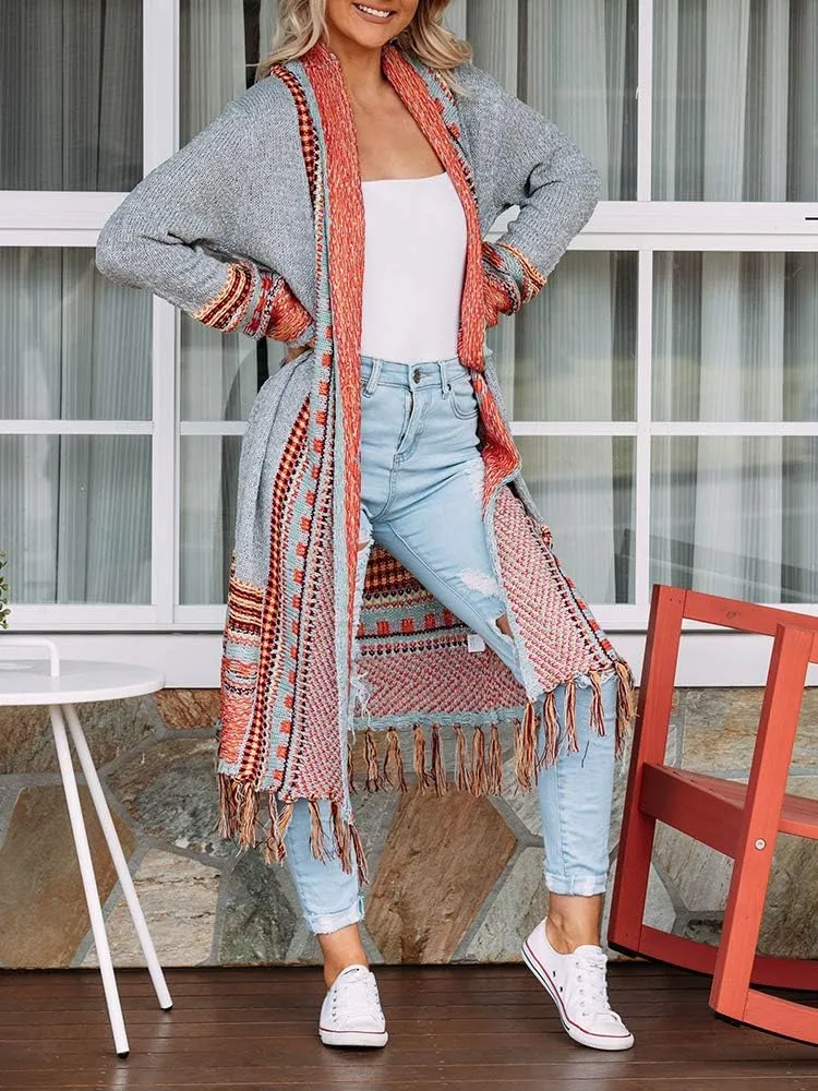 FERBIA Women Boho Cardigan Sweater Long Open Front Maxi Knit Sweaters Aztec Tribal Tassel Fringe Thin Coat