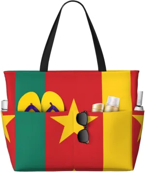 Flag of Cameroon Print 28L Beach Tote Bag, Water-resistant Travel Tote, Lightweight Gym & Camping Carryall