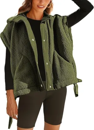 Fleece Vest for Women Sleeveless Button Up Fuzzy Sherpa Jacket Casual Warm Waistcoat Vest with Pockets
