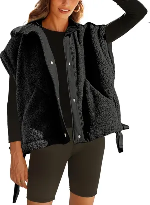 Fleece Vest for Women Sleeveless Button Up Fuzzy Sherpa Jacket Casual Warm Waistcoat Vest with Pockets
