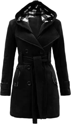 FLITAY Lady Plaid Hood Autumn Long Sleeve Coat Business Lapel Jacket Comfy with Belt Classic Coat