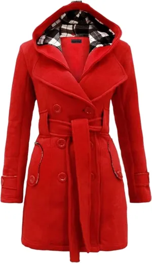 FLITAY Lady Plaid Hood Autumn Long Sleeve Coat Business Lapel Jacket Comfy with Belt Classic Coat