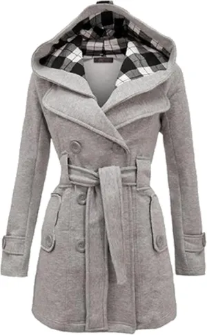 FLITAY Lady Plaid Hood Autumn Long Sleeve Coat Business Lapel Jacket Comfy with Belt Classic Coat