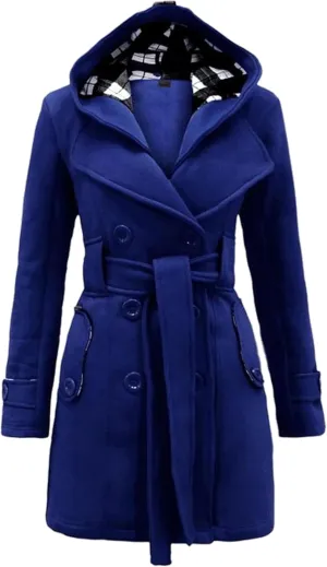 FLITAY Lady Plaid Hood Autumn Long Sleeve Coat Business Lapel Jacket Comfy with Belt Classic Coat