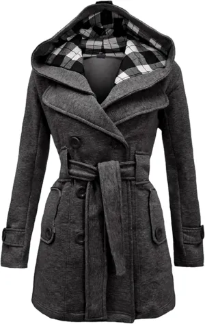 FLITAY Lady Plaid Hood Autumn Long Sleeve Coat Business Lapel Jacket Comfy with Belt Classic Coat