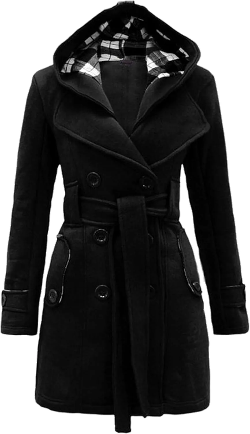FLITAY Lady Plaid Hood Autumn Long Sleeve Coat Business Lapel Jacket Comfy with Belt Classic Coat