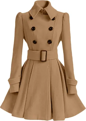 FLITAY Women Flowy Lapel Collar Solid Color Jacket High Waist Winter Pea Coat Office Work Jacket