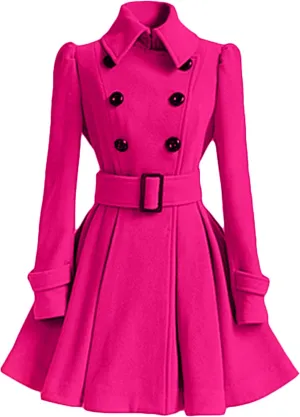 FLITAY Women Flowy Lapel Collar Solid Color Jacket High Waist Winter Pea Coat Office Work Jacket