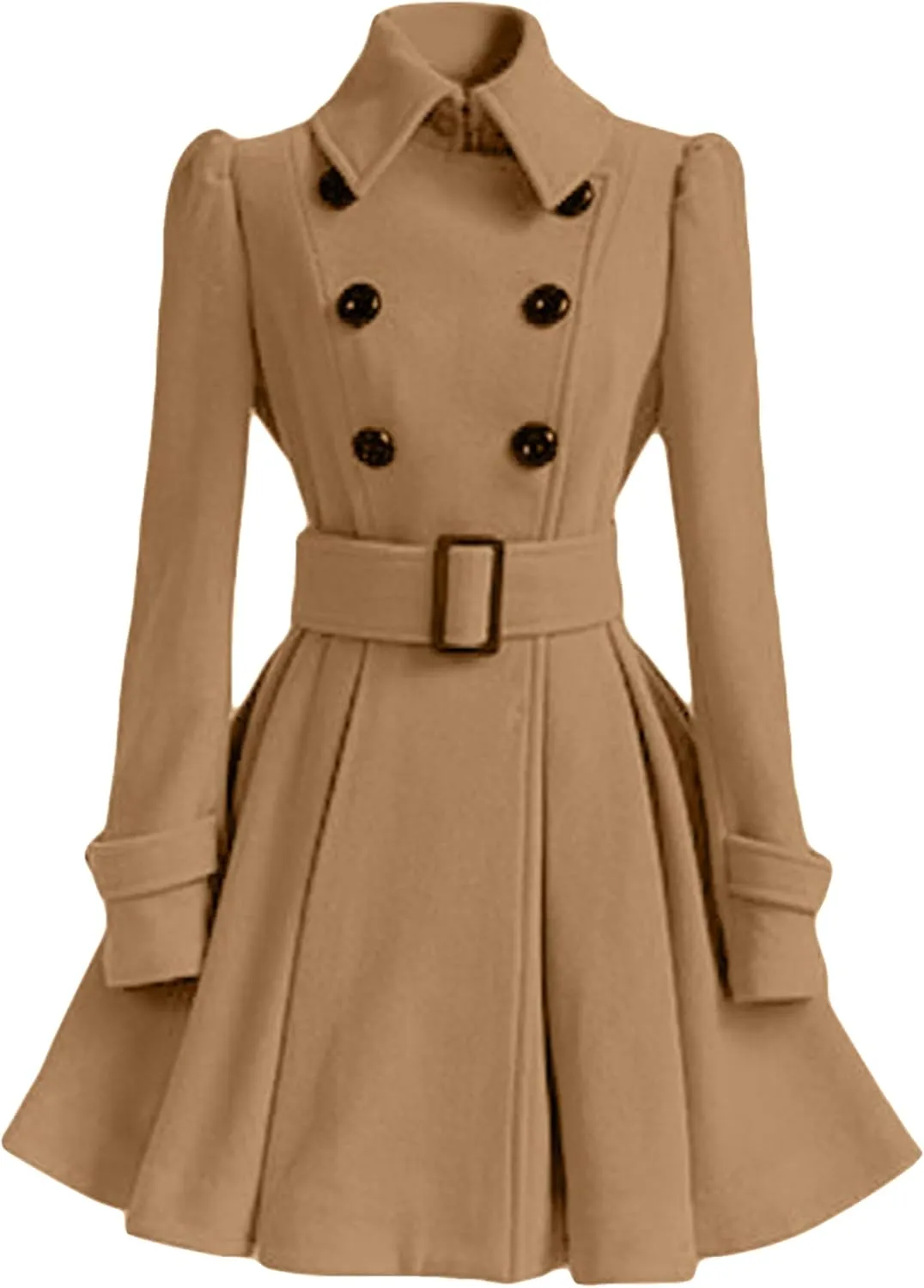 FLITAY Women Flowy Lapel Collar Solid Color Jacket High Waist Winter Pea Coat Office Work Jacket