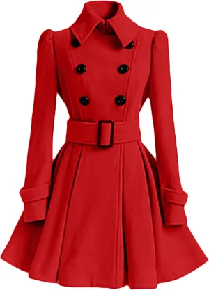 FLITAY Women Flowy Lapel Collar Solid Color Jacket High Waist Winter Pea Coat Office Work Jacket