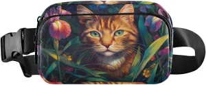 Floral Cat Fanny Pack Water Resistant Waist Pack Sling Bag Purse for Women Men Travel Hiking