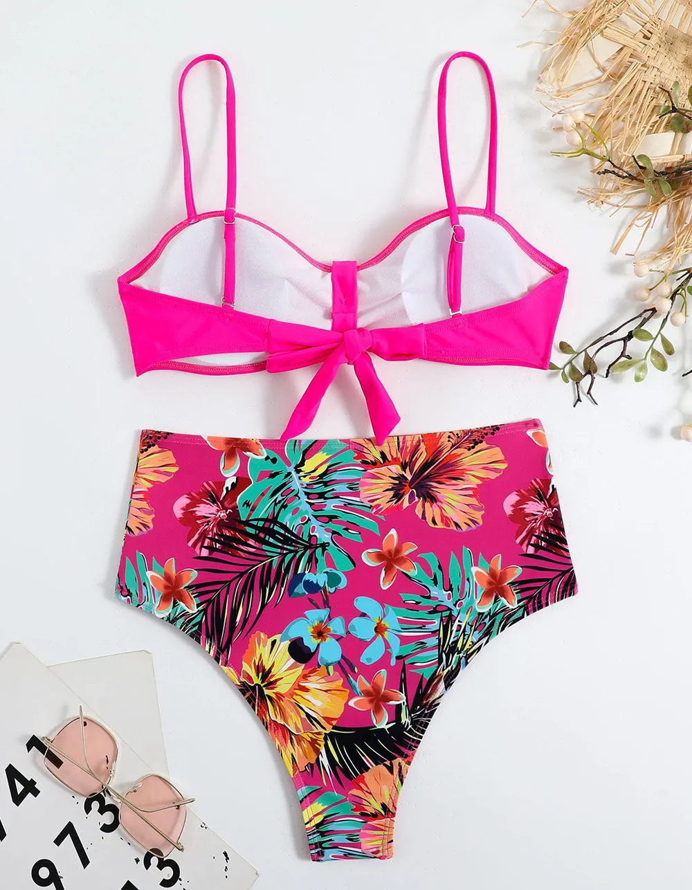 Floral Print  Strap Backless Two-piece Tie-back Bikini Swimwear Sets