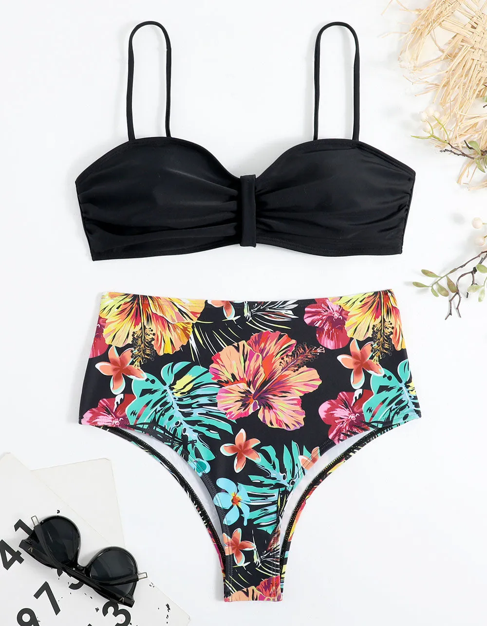 Floral Print  Strap Backless Two-piece Tie-back Bikini Swimwear Sets
