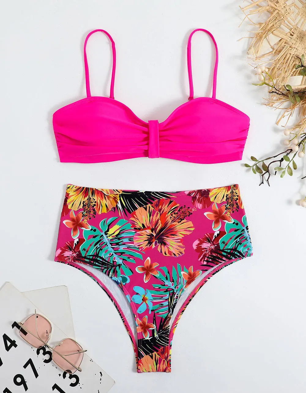 Floral Print  Strap Backless Two-piece Tie-back Bikini Swimwear Sets