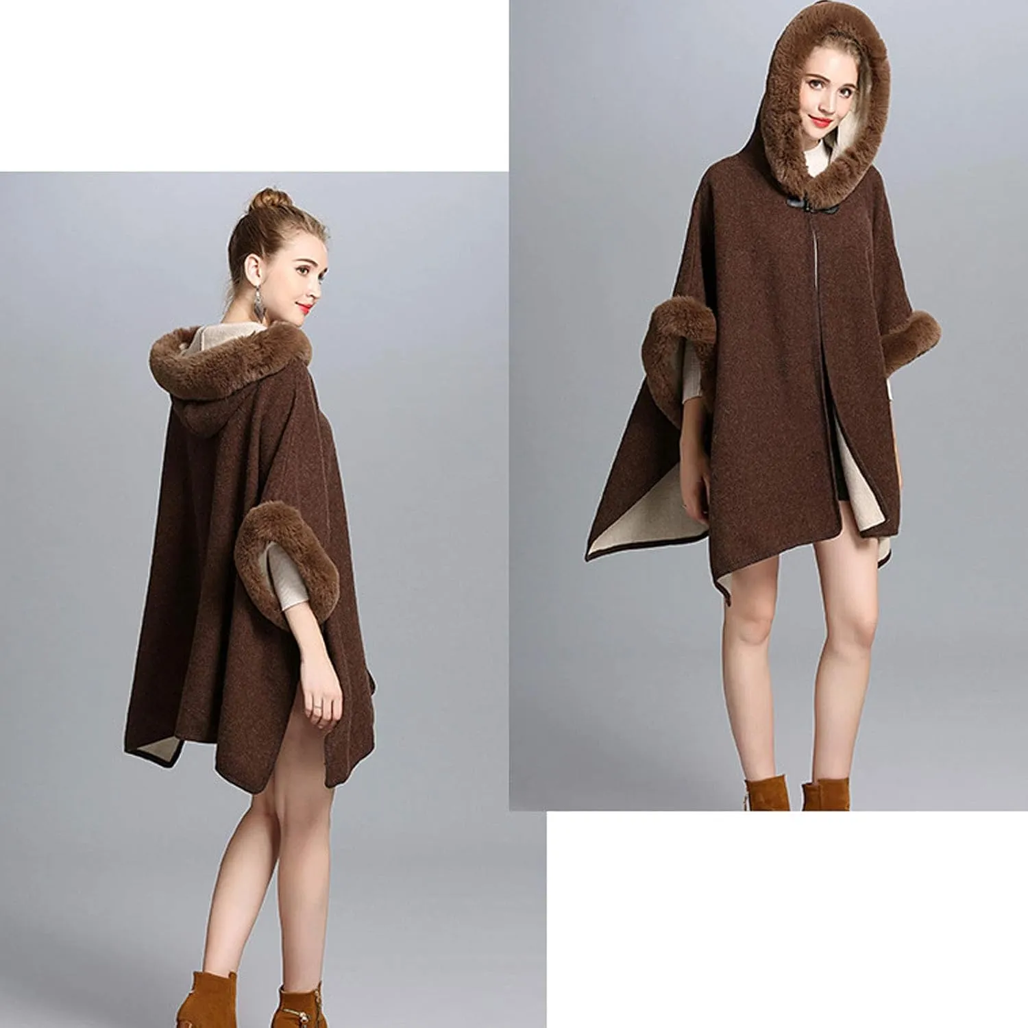 Flygo Women's Luxury Batwing Sleeve Faux Fur Hooded Cloak Poncho Sweater Cape Outwear