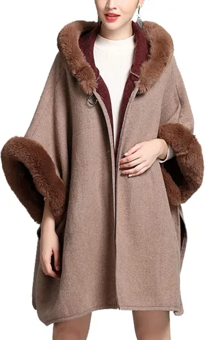 Flygo Women's Luxury Batwing Sleeve Faux Fur Hooded Cloak Poncho Sweater Cape Outwear