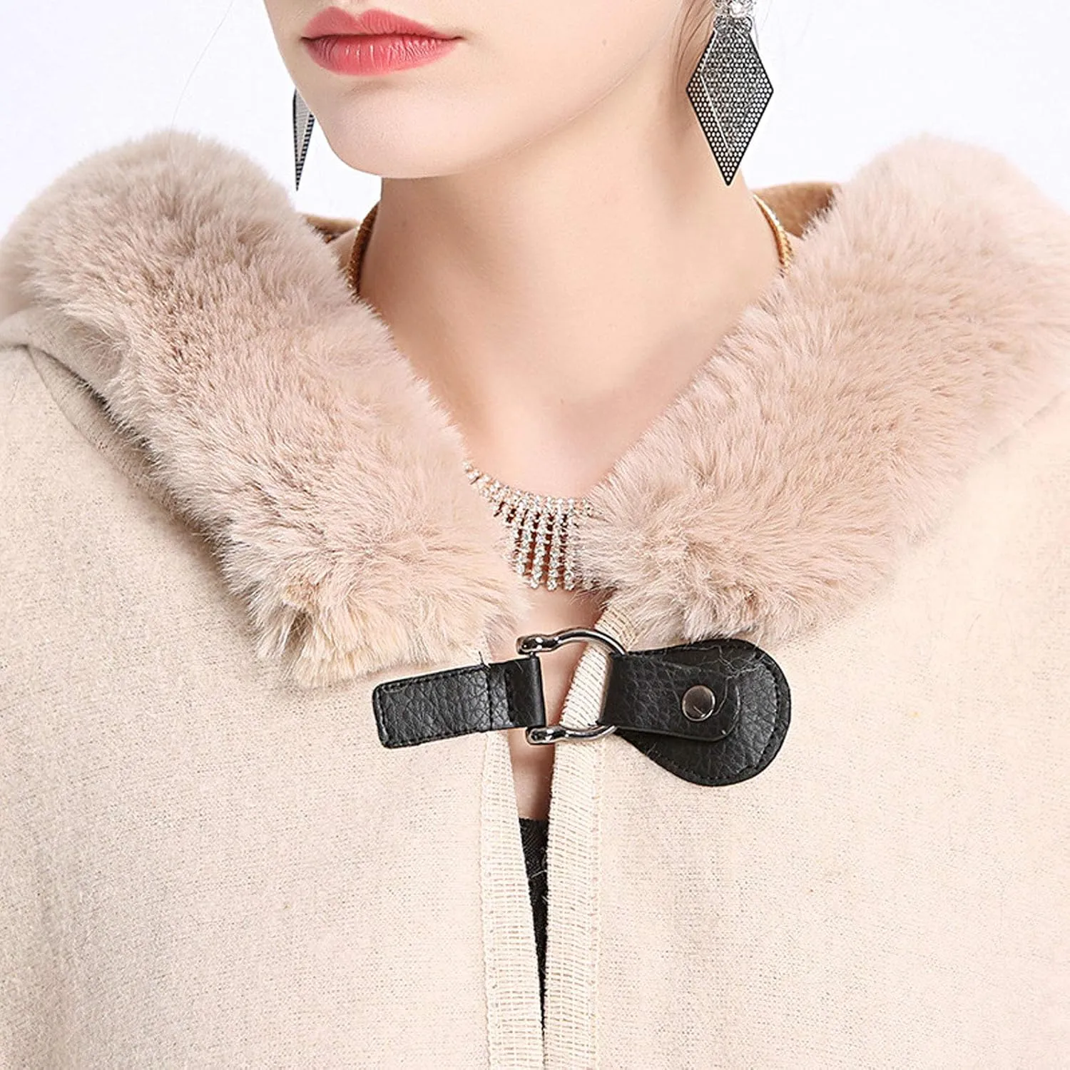 Flygo Women's Luxury Batwing Sleeve Faux Fur Hooded Cloak Poncho Sweater Cape Outwear