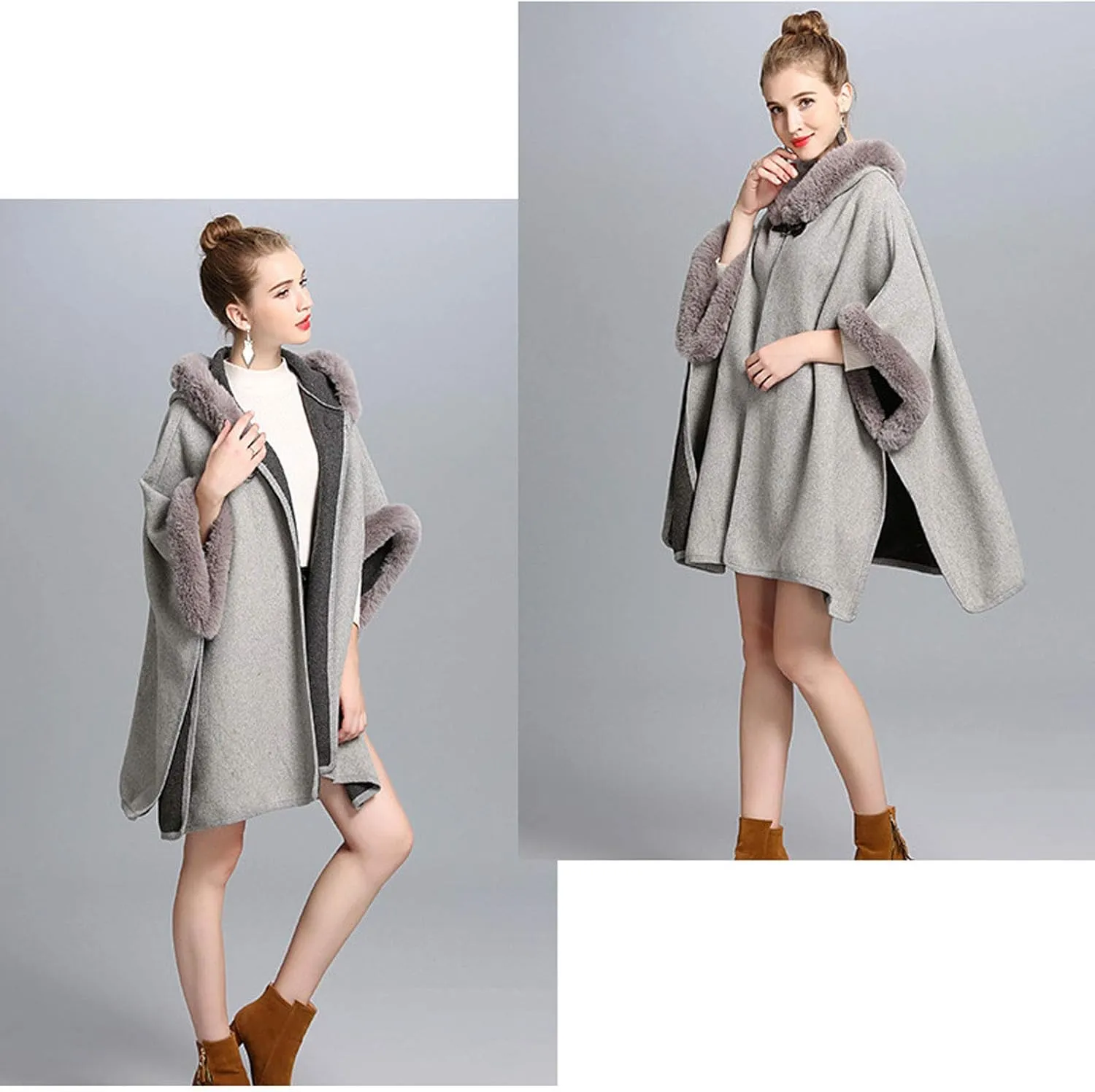 Flygo Women's Luxury Batwing Sleeve Faux Fur Hooded Cloak Poncho Sweater Cape Outwear