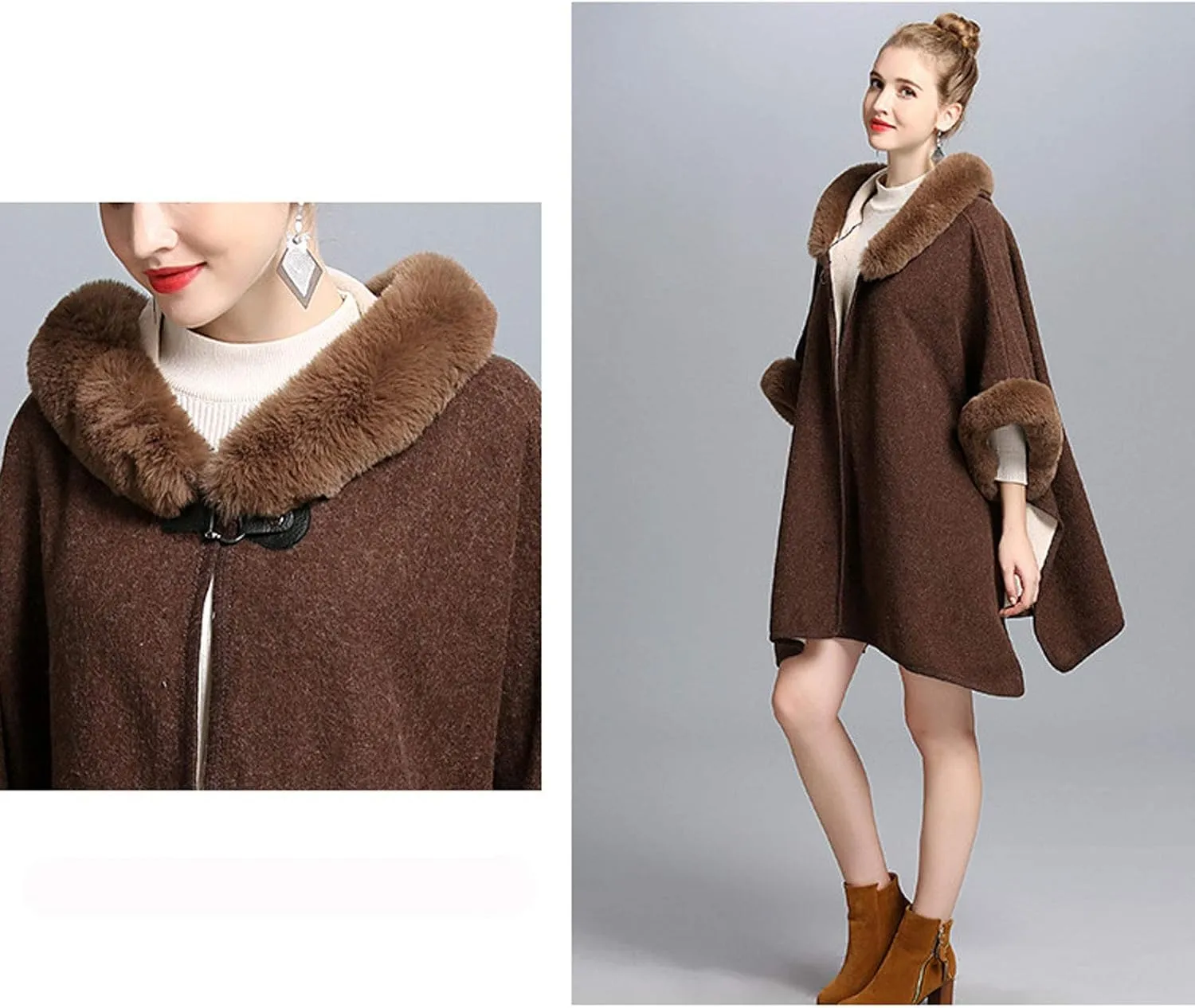 Flygo Women's Luxury Batwing Sleeve Faux Fur Hooded Cloak Poncho Sweater Cape Outwear