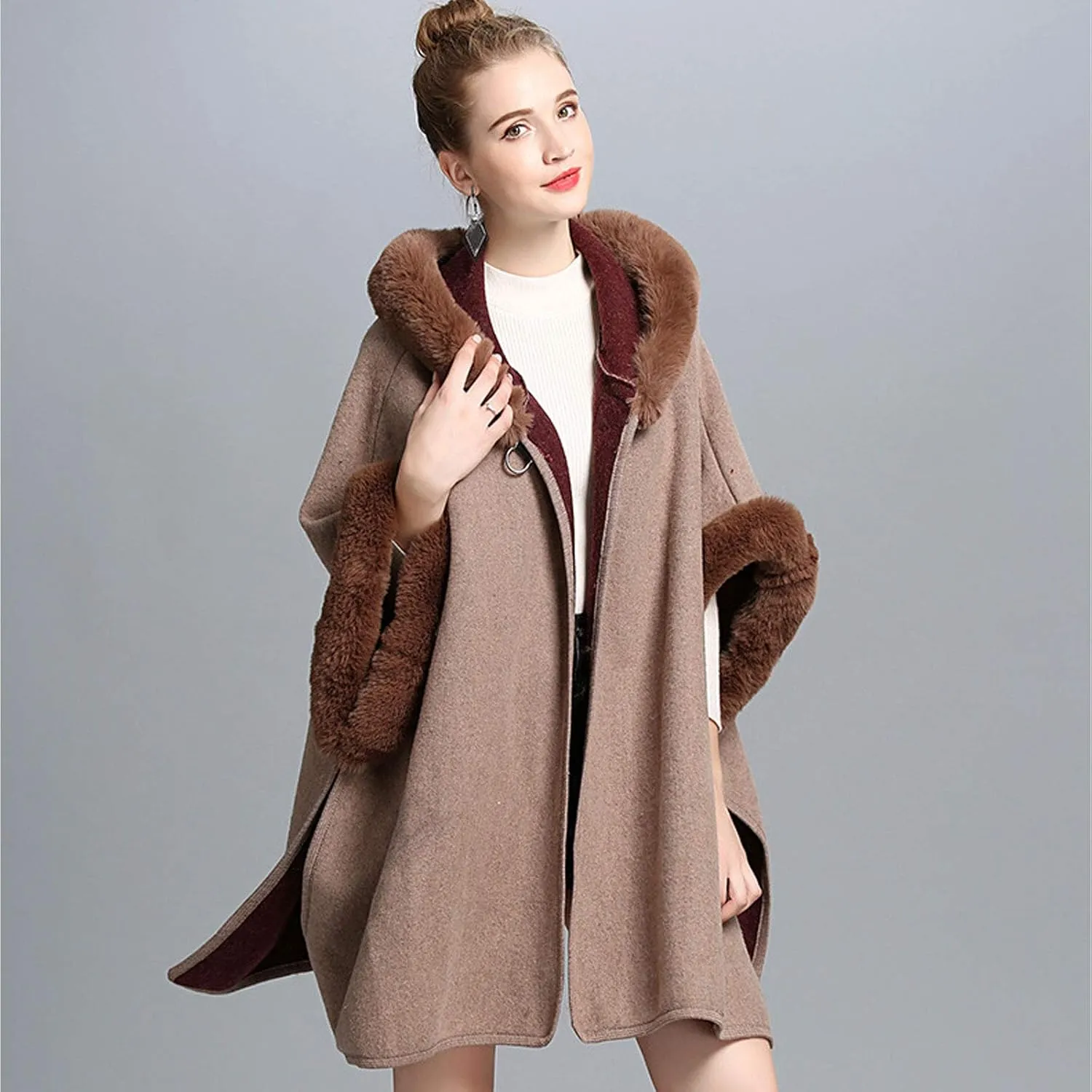 Flygo Women's Luxury Batwing Sleeve Faux Fur Hooded Cloak Poncho Sweater Cape Outwear