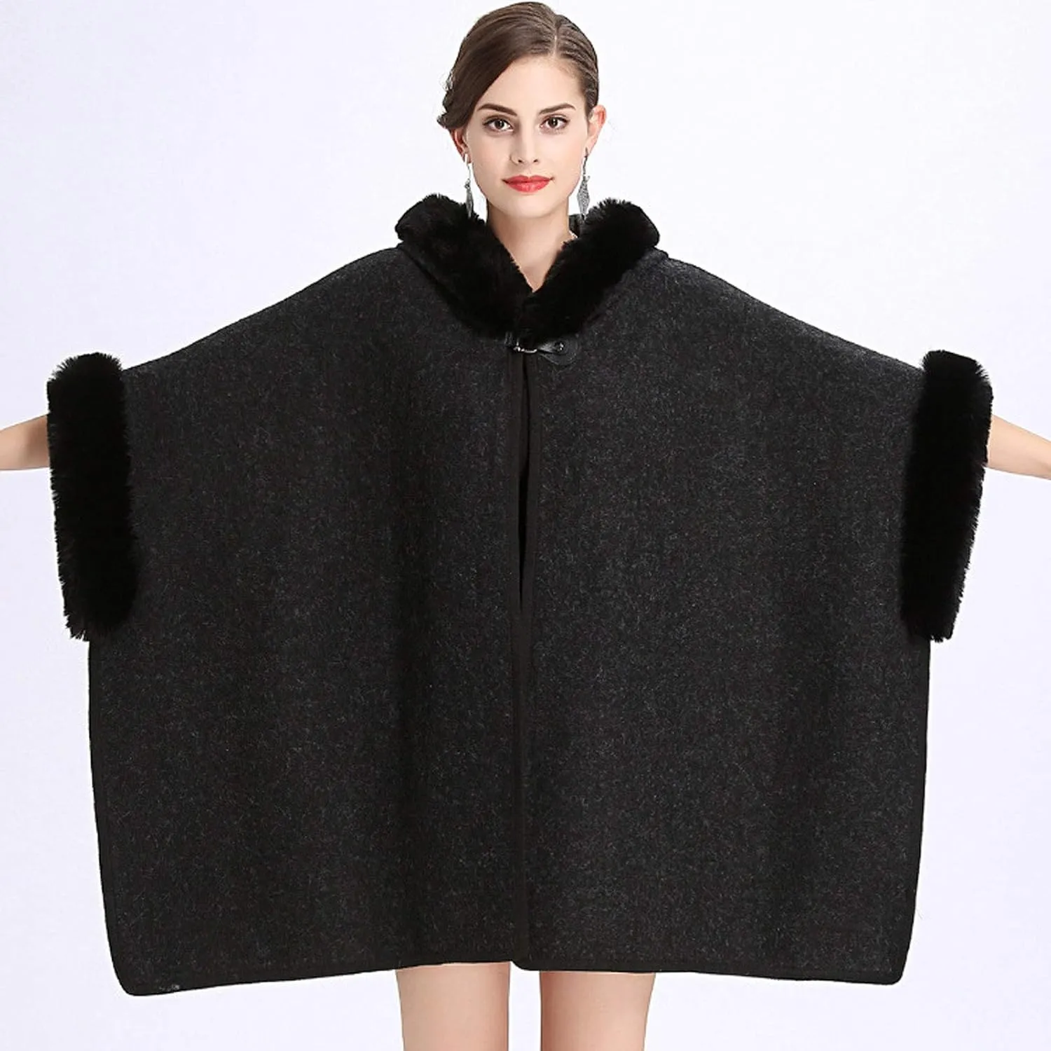 Flygo Women's Luxury Batwing Sleeve Faux Fur Hooded Cloak Poncho Sweater Cape Outwear