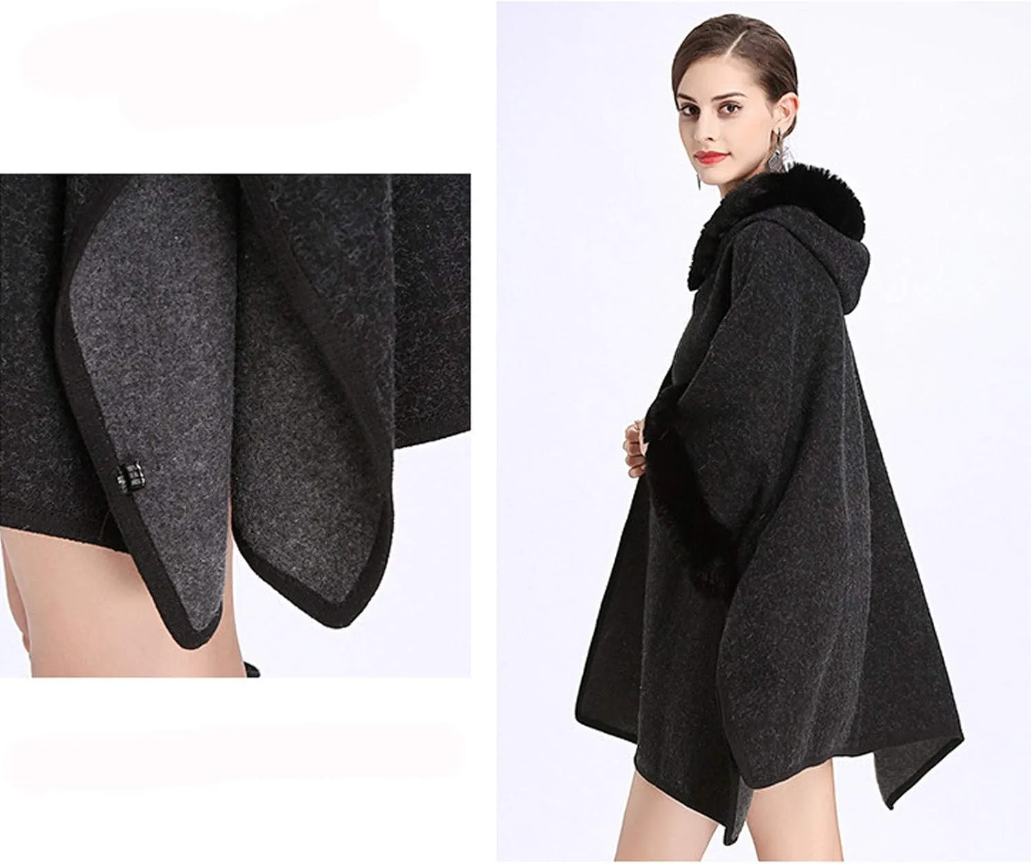Flygo Women's Luxury Batwing Sleeve Faux Fur Hooded Cloak Poncho Sweater Cape Outwear