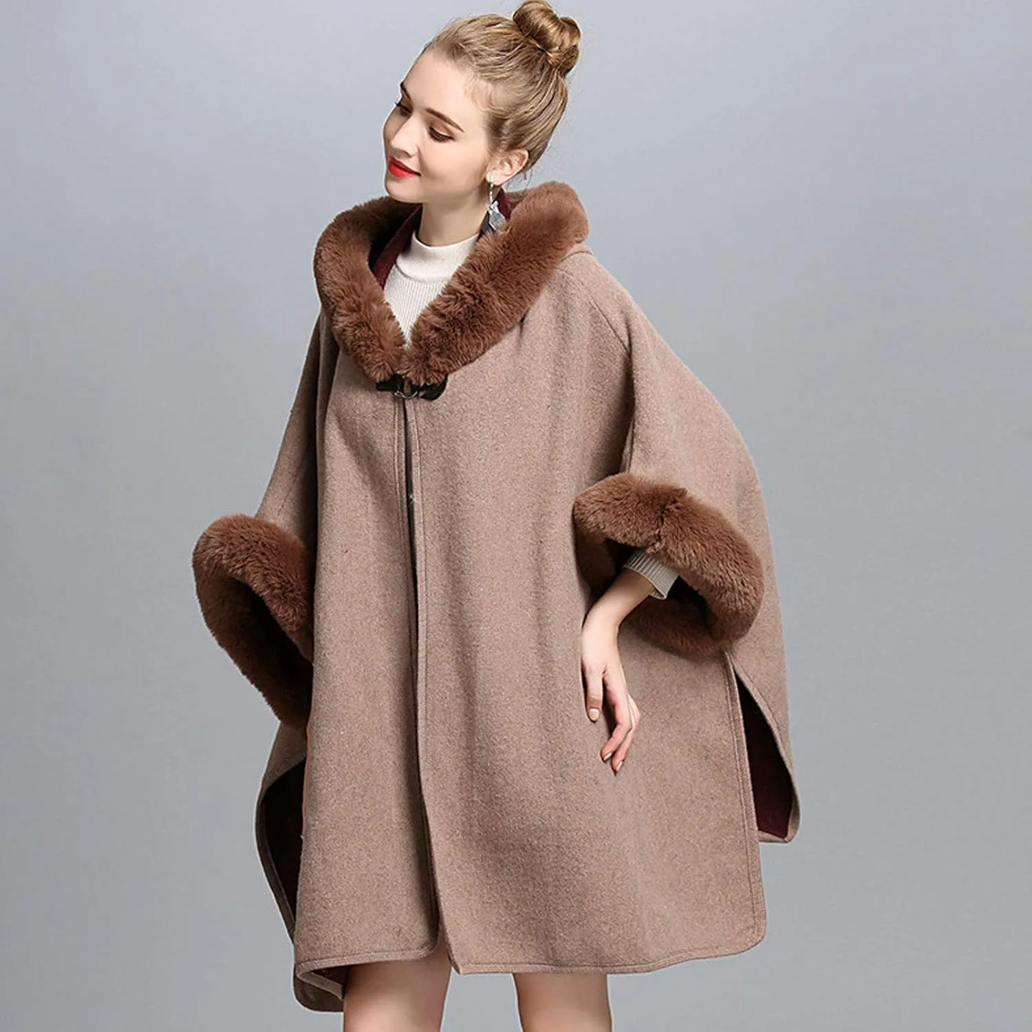 Flygo Women's Luxury Batwing Sleeve Faux Fur Hooded Cloak Poncho Sweater Cape Outwear