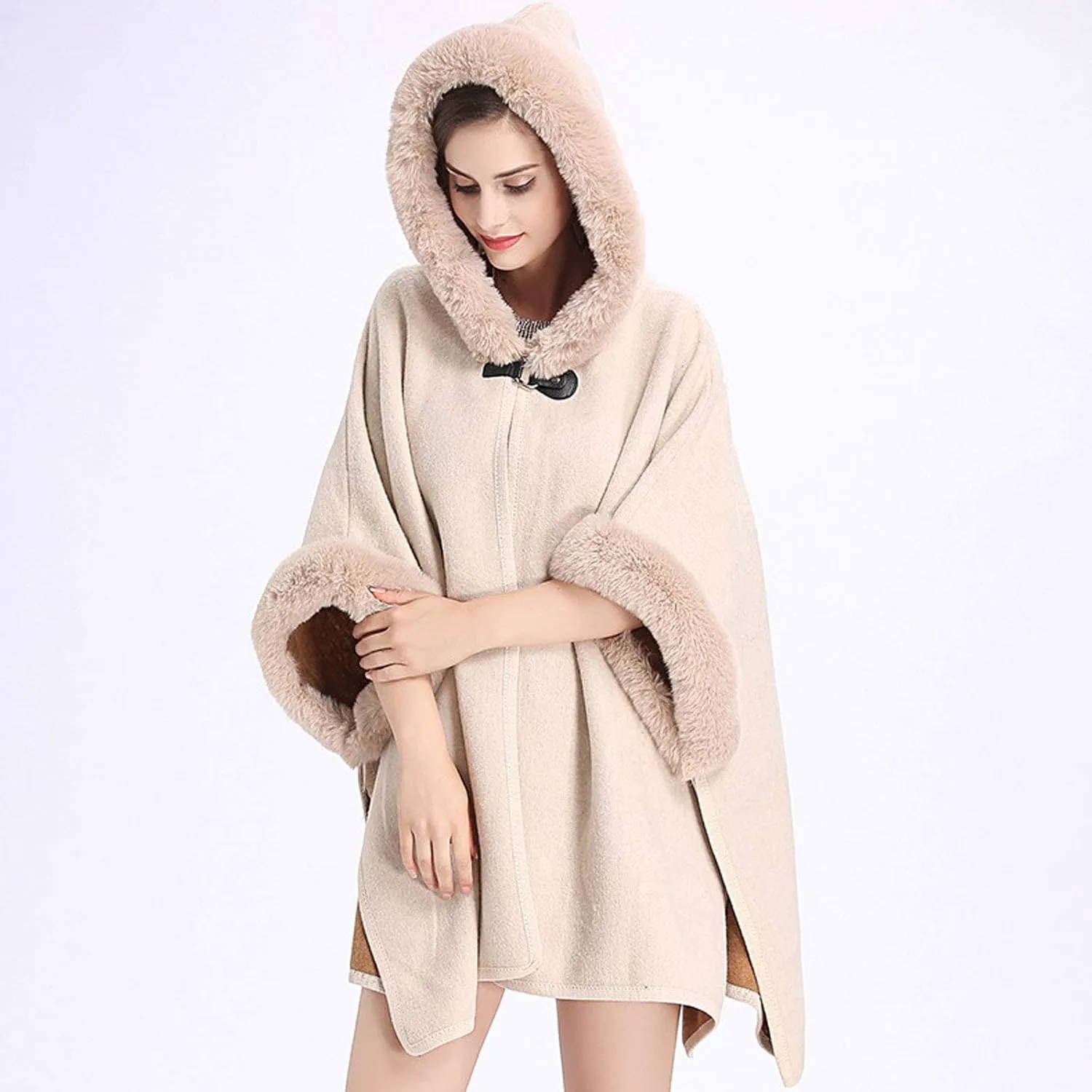 Flygo Women's Luxury Batwing Sleeve Faux Fur Hooded Cloak Poncho Sweater Cape Outwear