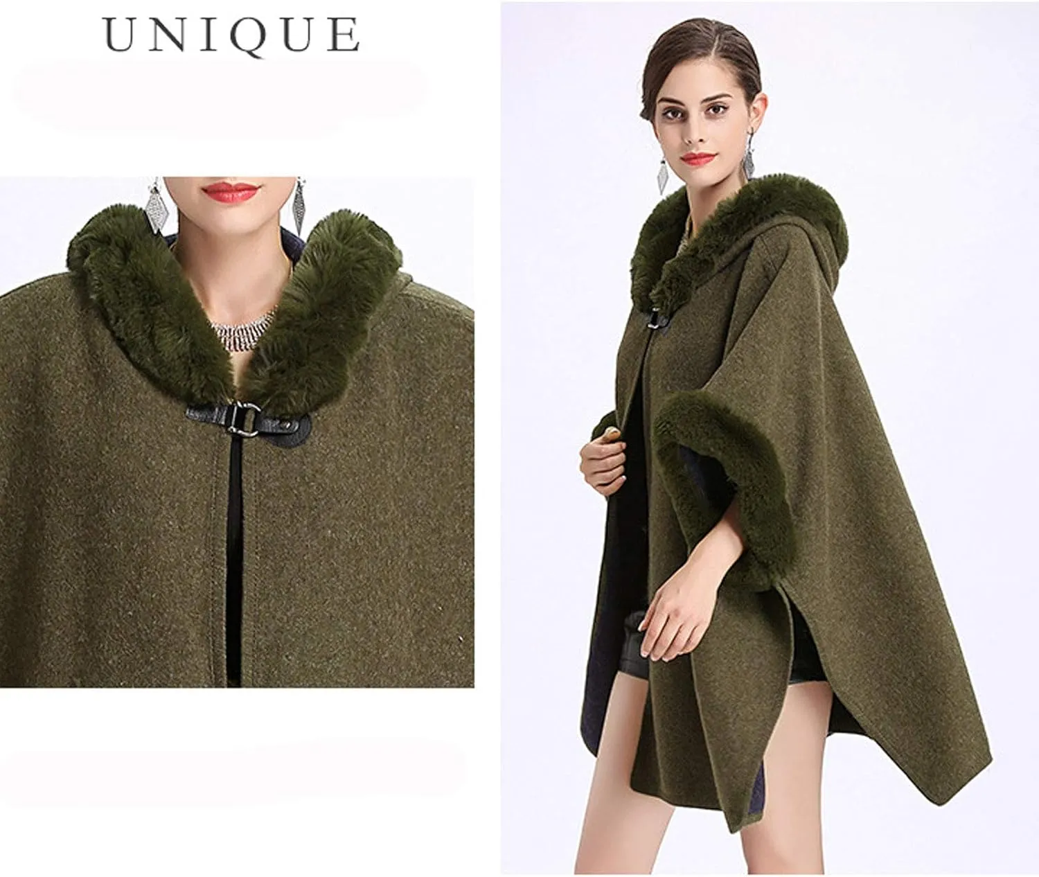 Flygo Women's Luxury Batwing Sleeve Faux Fur Hooded Cloak Poncho Sweater Cape Outwear