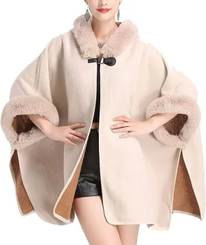 Flygo Women's Luxury Batwing Sleeve Faux Fur Hooded Cloak Poncho Sweater Cape Outwear
