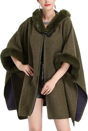 Flygo Women's Luxury Batwing Sleeve Faux Fur Hooded Cloak Poncho Sweater Cape Outwear