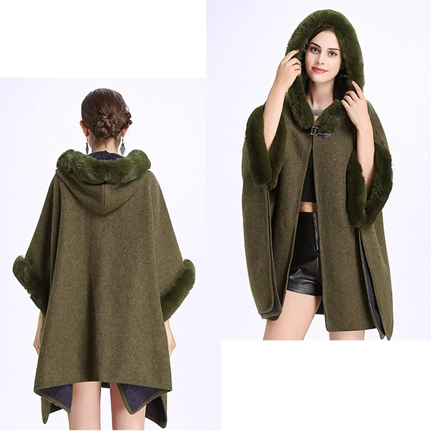 Flygo Women's Luxury Batwing Sleeve Faux Fur Hooded Cloak Poncho Sweater Cape Outwear