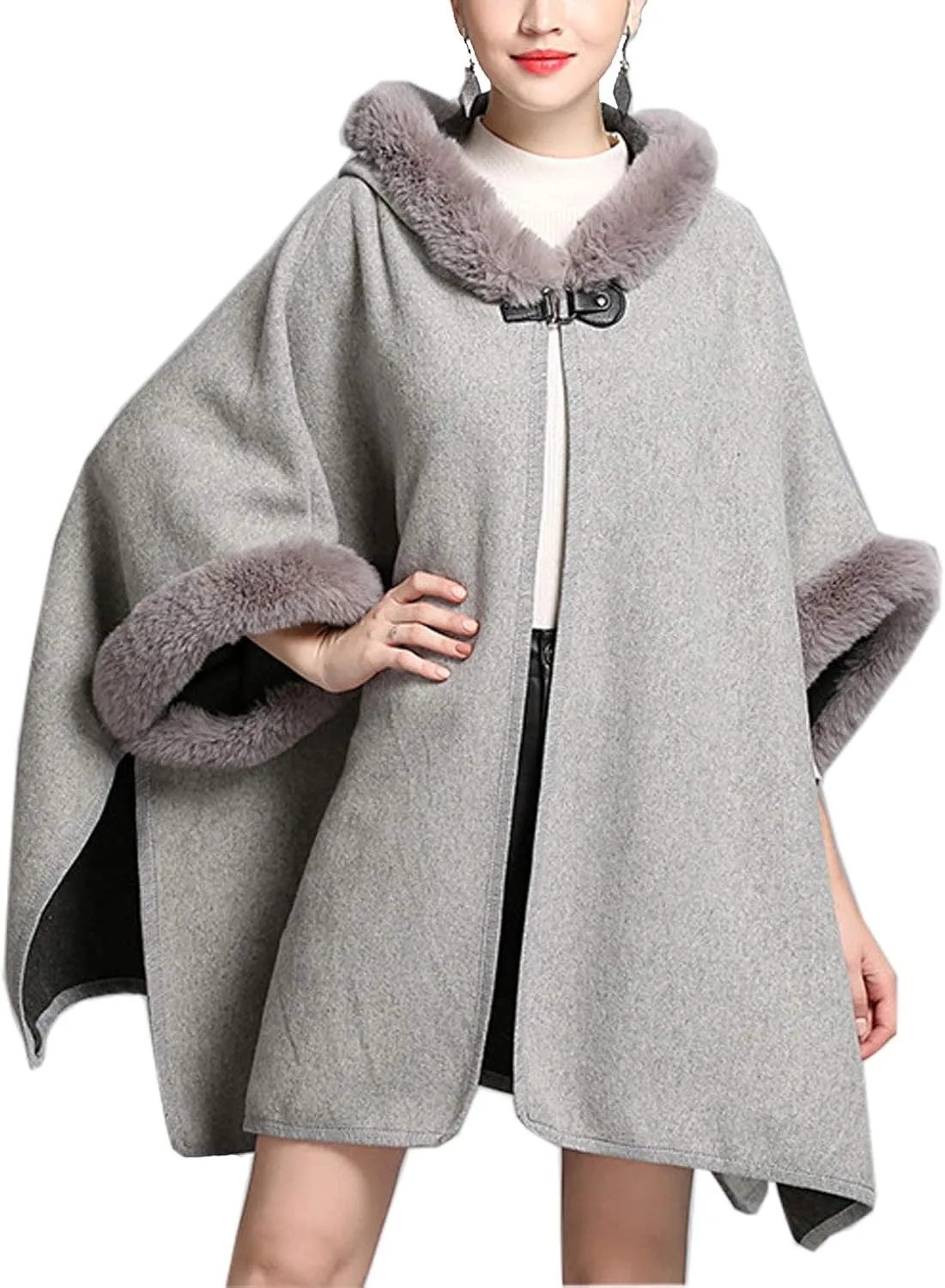 Flygo Women's Luxury Batwing Sleeve Faux Fur Hooded Cloak Poncho Sweater Cape Outwear